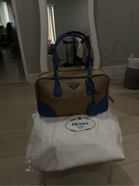 Prada Two-Tone Tan and Blue Leather-Trim Satchel